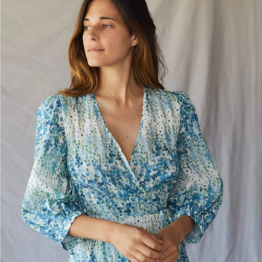 Christy Dawn The Noah Wrap Maxi Dress Blue Floral Morning Gladiola Size S - Picture 2 of 6